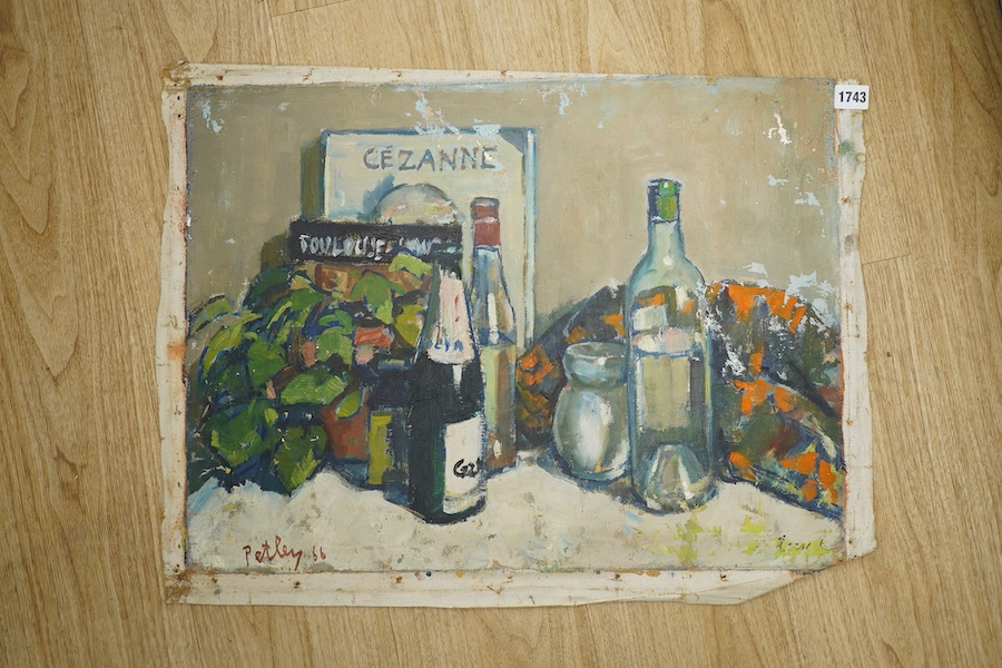 Llewellyn Petley-Jones (1908-1986), oil on unstretched canvas, Still life of vessels and books, signed and dated '66, 46 x 61cm